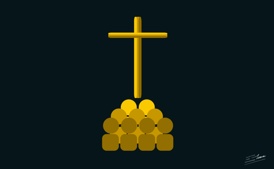 Logo de los fieles y la cruz de la iglesia