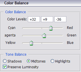 Menú de opciones de equilibrio de color en Photoshop